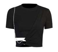 Gothic T-shirts Black Crop Top Cut Out Tee Fashion Mall Goth Punk Tops Women Alt Emo Clothes Chain T-shirt, Black Chain Cutout Tees, S