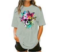 Gothic T Shirts for Women UK Halloween Skull Skeleton Butterfly Graphic Tops Plus Size Short Sleeve Crewneck Oversized Tees Shirts Steampunk Pattern Pullover Tops Sporty01 Green XL