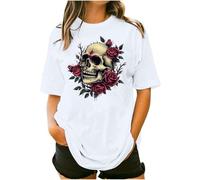 Gothic T Shirts for Women UK Halloween Skull Skeleton Butterfly Graphic Tops Plus Size Short Sleeve Crewneck Oversized Tees Shirts Steampunk Pattern Pullover Tops Sporty02 White M