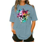 Gothic T Shirts for Women UK Halloween Skull Skeleton Butterfly Graphic Tops Plus Size Short Sleeve Crewneck Oversized Tees Shirts Steampunk Pattern Pullover Tops Sporty01 Blue XL