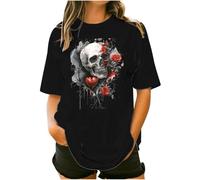 Gothic T Shirts for Women UK Halloween Skull Skeleton Butterfly Graphic Tops Plus Size Short Sleeve Crewneck Oversized Tees Shirts Steampunk Pattern Pullover Tops Sporty03 Black S