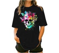 Gothic T Shirts for Women UK Halloween Skull Skeleton Butterfly Graphic Tops Plus Size Short Sleeve Crewneck Oversized Tees Shirts Steampunk Pattern Pullover Tops Sporty01 Black XXL