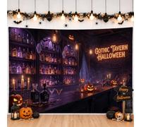 Gothic Tavern Halloween Theme Pumpkins Backdrop Banner 71x43 Inch | Tavern Interior, Photography Backdrop, Brick Wall, Bottled Drinks, Gothic Architecture, Seasonal Party Decor