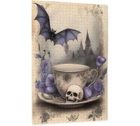 Gothic Tea Cup&Bat Wooden Jigsaw Puzzles for Adults Floral Teacup Skull Purple Flowers&Castle Scene Ideal for Halloween Decor Adults Challenge Game Night Gift to Dark Art Lovers_300pcs