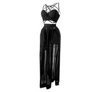 Gothic Three Piece Lingerie Set Women Black Corset Top Underpants Mesh Split Skirt Suit Sets-black-M