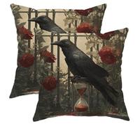 Gothic Throw Pillow Covers Set of 2, Black Raven and Red Rose Design Cushion Cases, Halloween Decorative Square Home Decor for Sofa Bed Couch 28x28 Inch