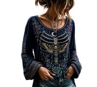 Gothic Tops for Women, Skeleton Blouse Ghost Scary Bat Gypsy Spooky Going | Scary Gypsy Going Party Halloween Skeleton Blouse Gothic Durable Crew Neck Renaissance Renaissance Top,
