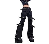 Gothic Trousers Women's Cargo: Boyfriend Jeans Women Baggy Jeans Aesthetic High Waist Wide Leg Straight Denim Trousers Grunge Pants Punk Trousers E-Girl Trousers with Chain Hip Hop Trousers, Z-black,