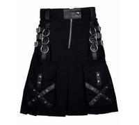 Gothic Utility Kilt, Black Cotton Blend, Silver Rings and Leather Straps, Cargo Pockets (32 inches / 81 cm)