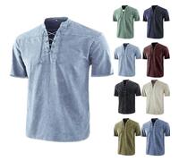 Gothic V Neck Linen Pocket Short Sleeve Loose Fit T-Shirt for Men,Men Casual Henley Shirt Short Sleeve, Cotton Linen Solid Casual Lace Up Basic Tee (Light Blue,2XL)