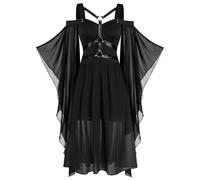 Gothic Vampire Dress Women's Off Shoulder Medieval Knee-Length Dresses Women's Bat Sleeves Mesh Patchwork Witch Dress with Corset Witches Pleated Dress Halloween Carnival Costume Cosplay Party Outfit