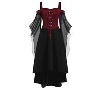 Gothic Vampire Dresses Women's Off Shoulder Medieval Midi Dress Women's Bat Sleeves Mesh Patchwork Witch Dress with Lacing Witches Retro Pleated Dress Halloween Carnival Outfit Cosplay Party Outfit