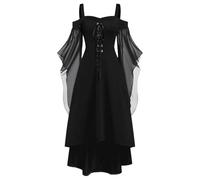 Gothic Vampire Dresses Women's Off Shoulder Medieval Midi Dress Women's Bat Sleeves Mesh Patchwork Witch Dress with Lacing Witches Retro Pleated Dress Halloween Carnival Costume Cosplay Party Outfit