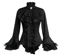 Gothic Victorian Blouse for Women Sweet Lolita Shirt High Low Irregular Ruffles Lotus Hem Medieval Tops, Black, XL