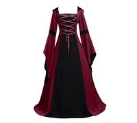 Gothic Victorian Dresses for Women Halloween High Low Long Sleeve Lace Patchwork Christmas Cosplay Vampire Off the Shoulder Midi Costumes Retro Lolita Steampunk Dress, Red, M