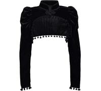 Gothic Victorian Velvet Bolero Shrug Jacket Long Sleeve with Mandarin Collar Pom Pom Trim Steampunk Style Black (UK, Alpha, XL, Regular, Regular)