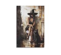 Gothic Victorian Witch Black Cat Wall Art Dark Academic Witch Sitting on Toilet Canvas Hanging Paintings Poster Spooky Bathroom Artwork for Home Decoration 16x24inch(40x60cm)