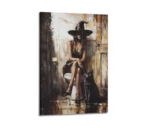 Gothic Victorian Witch Black Cat Wall Art Dark Academic Witch Sitting on Toilet Canvas Hanging Paintings Poster Spooky Bathroom Artwork for Home Decoration 12x18inch(30x45cm)