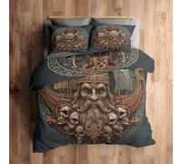 Gothic Viking Warrior Double Duvet Cover - Norse Mythology Skull Bedding & Bedroom Decor, Super Soft Microfiber Quilt Cover and 2 Pillowcases, with Zip, Reversible Design SD-1255