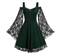 Gothic Vintage Lace Patchwork Women Dress Plus Size Goth Bandage Ladies Spaghetti Strap Dresses, Green, 5X-Large