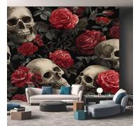 Gothic Wallpaper for Living Room - Red Rose Skull Wall Paper, Gothic Home Decor, Non-Woven Waterproof Print Wallpapers for Bedroom Living Room, Feature Walls Mural 100x70 cm - S131