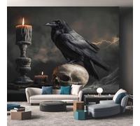 Gothic Wallpaper Mural - Dark Academia Raven Skull Wall Paper, Gothic Home Decor, Non-Woven Waterproof Print Wallpapers for Bedroom Living Room, Feature Walls Mural 200x140 cm - S149