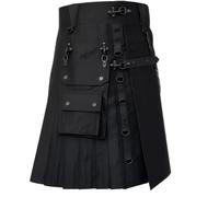 Gothic Warrior Black Cotton Blend Utility Kilt with Chains, D-Rings, Cargo Pockets, Steampunk Punk Style (38 inches / 96 cm)