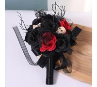Gothic Wedding Bride Bouquet, Artificial Black Rose Flowers Bouquet, Ghost Festival-Inspired red and Black Artificial Floral Arrangement,Fake Bouquets for Bridal Bridesmaid Wedding Engagement