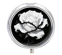 Gothic White Rose Pill Box Travel Pill Organizer 3-Compartment with Mirror Design Portable Round Medicine Case for Vitamins, Jewelry & Essentials Durable Pocket Pillcase for Purse, Camping