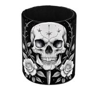 Gothic White Skull and Floral Pen Holder for Desk Leather Pencil Holder Pen Cup Marker Holder Large Capacity Makeup Brush Holders Desk Accessories Organizers for Home, School & Office
