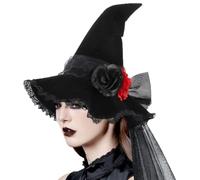Gothic Wicked Witch Hat with Veil for Women Baroque Black Rose Pointed Hat Lace Witch Cap Halloween Party Masquerade Cosplay Costume Accessory Adult