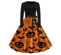 Gothic Witch Halloween Costume for Women - Adult Long Sleeve V-Neck Sexy Medieval Dress - A-Line Skater Swing Dress