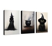 Gothic Witch Prints Set of 3, Halloween Wall Art, Holiday Decor, Vintage Oil Painting, Witch Painting, Black Cat, Mystic Goth Decor, Mystic Theme Hanging Pictures for Living Room, Bedroom, Hallway