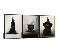 Gothic Witch Prints Set of 3, Halloween Wall Art, Holiday Decor, Vintage Oil Painting, Witch Painting, Black Cat, Mystic Goth Decor, Mystic Theme Hanging Pictures for Living Room, Bedroom, Hallway