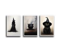 Gothic Witch Prints Set of 3, Halloween Wall Art, Holiday Decor, Vintage Oil Painting, Witch Painting, Black Cat, Mystic Goth Decor, Mystic Theme Hanging Pictures for Living Room, Bedroom, Hallway