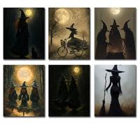 Gothic Witch Wall Art - Set of 6 Dark Halloween Posters with Full Moon, Broomstick & Black Cat, Witchy Aesthetic Wall Decor for Haunted House & Gothic Home Decorations, 8x10 Unframed