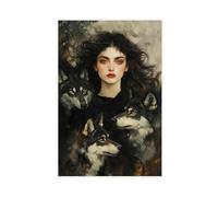 Gothic Witch with Wolves Art Print - Dark Goddess Wall Decor (matte Vertical)-1