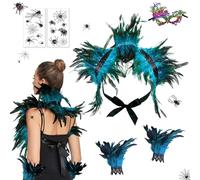 Gothic Women Feather Cape with Wrist Cuffs Wristband Masquerade Masks Lace Eye Mask Tattoo Stickers Gothic Lacing Shawl Shrug Collar Feather Cloak for Christmas Halloween World Book Day-Lake Blue