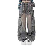 Gothic Women's Pants Street Trend Loose Multi Pocket Stitching Casual Straight Leg Wide Leg Washed Denim Vintage, Blue, M