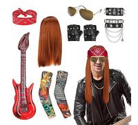 GothicBride Rocker Costume Men's 80s 90s Hip Hop Outfits Costume Kit Punk Disco Rocker Accessories Rock Star Wig Fancy Dress Accessories, Red