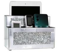 GOTHICO Mirrored Remote Holder, Wall or Tabletop Mounted Crush Diamond Bling Decoration Organizer Storage Caddy for Remote Phone Pad Notebook Makeup Brush,4 Slots in 3 Sizes,9.1"×6.1"×4.8"