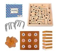 GOTHINK 5 in 1 Board Game with Wooden Brain Teaser Puzzles, Metal Brain Teaser Puzzles, Labyrinth, Wooden Stacking Tower, and Tic Tac Toe Toy Games, Board Games for Kid and Adults, Party Family Game