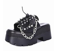 Gothniero black platform sandals goth chunky wedge heel summer slide slippers gothic punk shoes with studs metallic chains open toe slides for women size3UK-8UK
