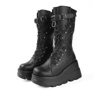 Gothniero Goth Platform Boots Knee High Black Gothic Boots Chunky Heel Holographic Buckles Booties Mid Calf Lace Up Combat Botas for Women 3UK-8UK