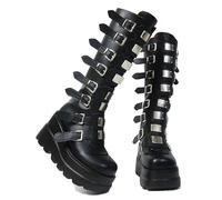 Gothniero Goth Platform Boots Knee High Black Gothic Boots Chunky Heel Holographic Buckles Booties Mid Calf Lace Up Combat Botas for Women 3UK-8UK