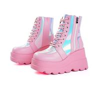 Gothniero Pink Platform Boots Holographic Goth Boots Chunky Heel for Women Combat Ankle Boots Wedge Booties with Side Zip Lace Up Size 3UK-8UK