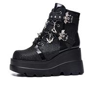 Gothniero Platform Goth Ankle Boots for Womem Black Holographic Combat Chunky Heel Boots with Side Zip Lace Up Wedge Booties US5.5-11, Black7, 7 UK
