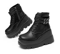 Gothniero Women Black Platform Combat Ankle Boots Chunky Heel Goth Rave Motorcycle Booties with Buckles Side Zip Rounds toe Size UK3-UK8