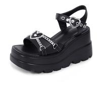 Gothniero women black platform sandals goth chunky wedge heel summer sandals girls gothic punk platform sandals for women metallic spider buckles slides size 5.5-11, Black2, 5.5