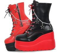 Gothniero Womens Combat Motorcycle Boots Black and Red Platform Chunky Ankle Moto Festival Rave Goth booties for Women Punk emo Boot with Metal Chains Side Zip Round Toe Size 3UK-8UK